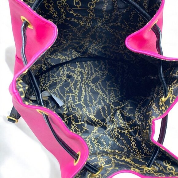 Juicy Couture Hot Pink & Black Drawstring Backpack Faux Patent Leather 12\